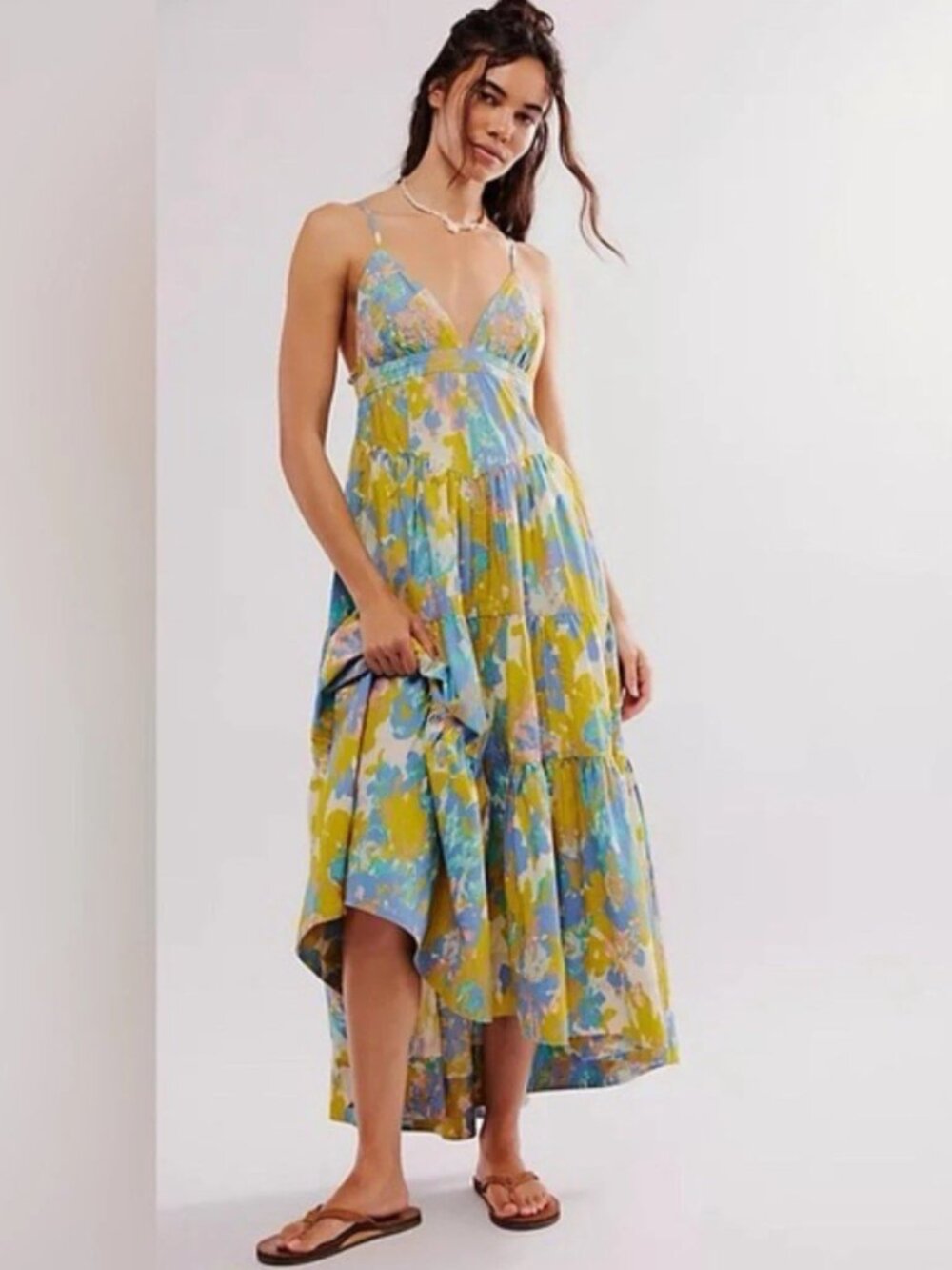 Free People Long Love Midi Dress Printed V Neck Straps Tiered New S